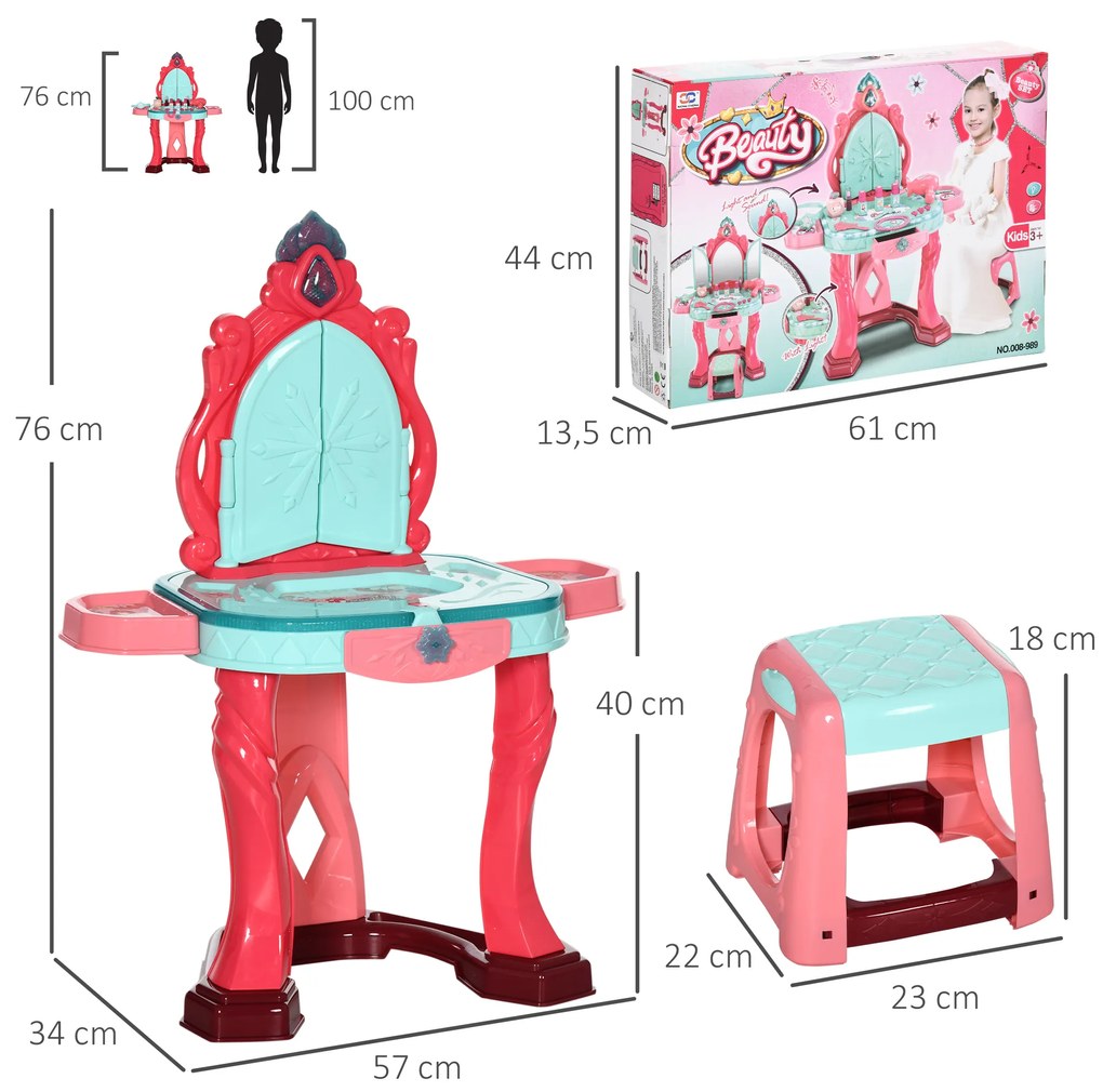 Toucador Infantil com Banco Espelho Luz Música e Secador Inclui 18 Acessórios Toucador de Maquilhagem 57x34x76cm Multicor