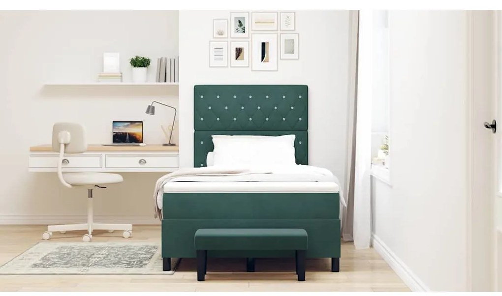 Cama Box Spring com Colchão e Banco Verde Escuro 120x200 cm Veludo