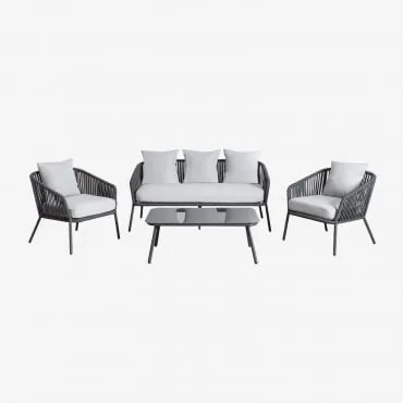 Conjunto De Jardim Com Sofá De 2 Lugares, 2 Poltronas Em Corda Trançada E Mesas De Centro Arhiza Cinza Grafito - Sklum