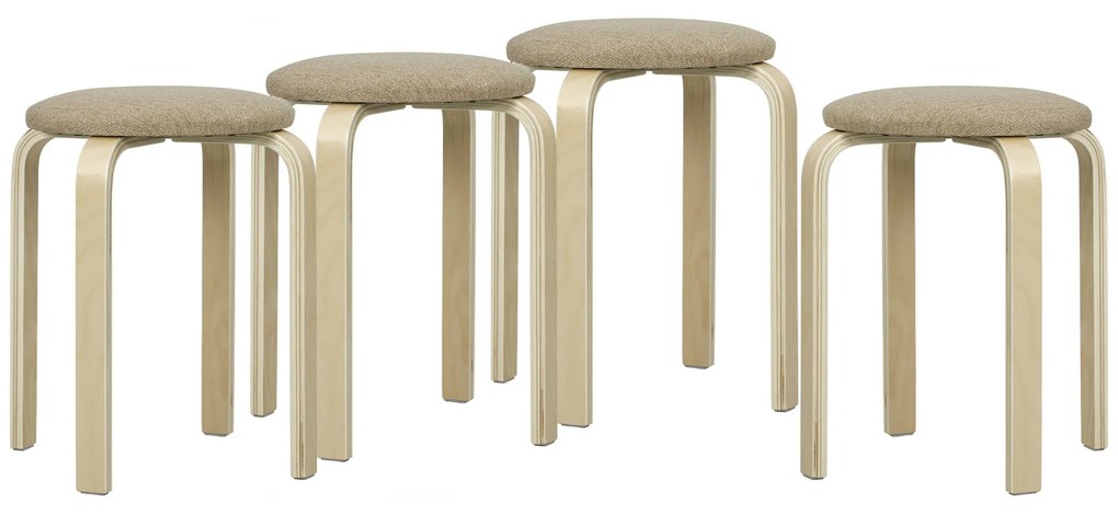 HOMCOM Conjunto de 4 Bancos Empilháveis Redondos Bancos Baixos de Cozinha com Assento Acolchoado Ø40x45 cm Caqui e Madeira | Aosom Portugal