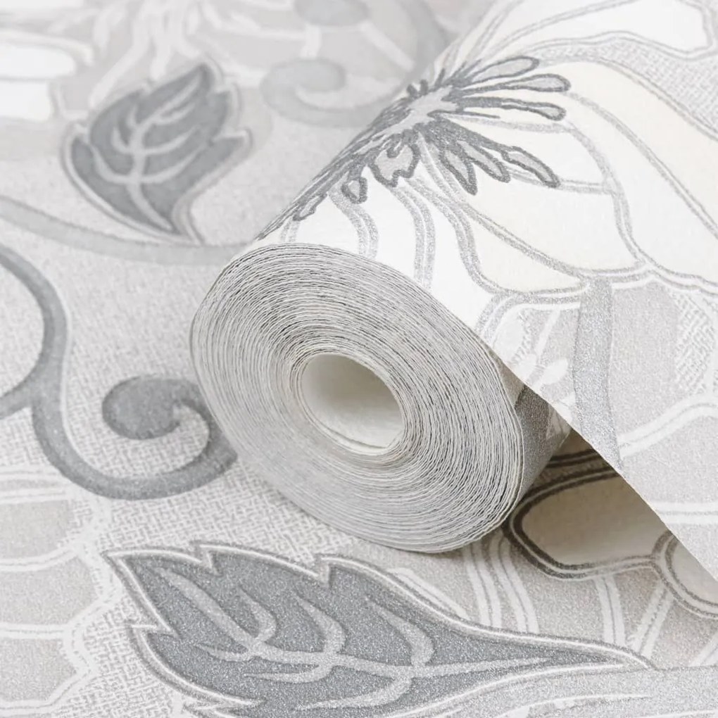 Papel parede 3D c/ padrão flores 10x0,53 m não-tecido cinza