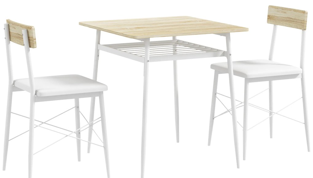 HOMCOM Conjunto de Refeição de 3 Peças Conjunto 1 Mesa 70x70x75 cm e 2 Cadeiras 40x50x80 cm com Prateleira de Armazenamento Branco e Madeira | Aosom Portugal