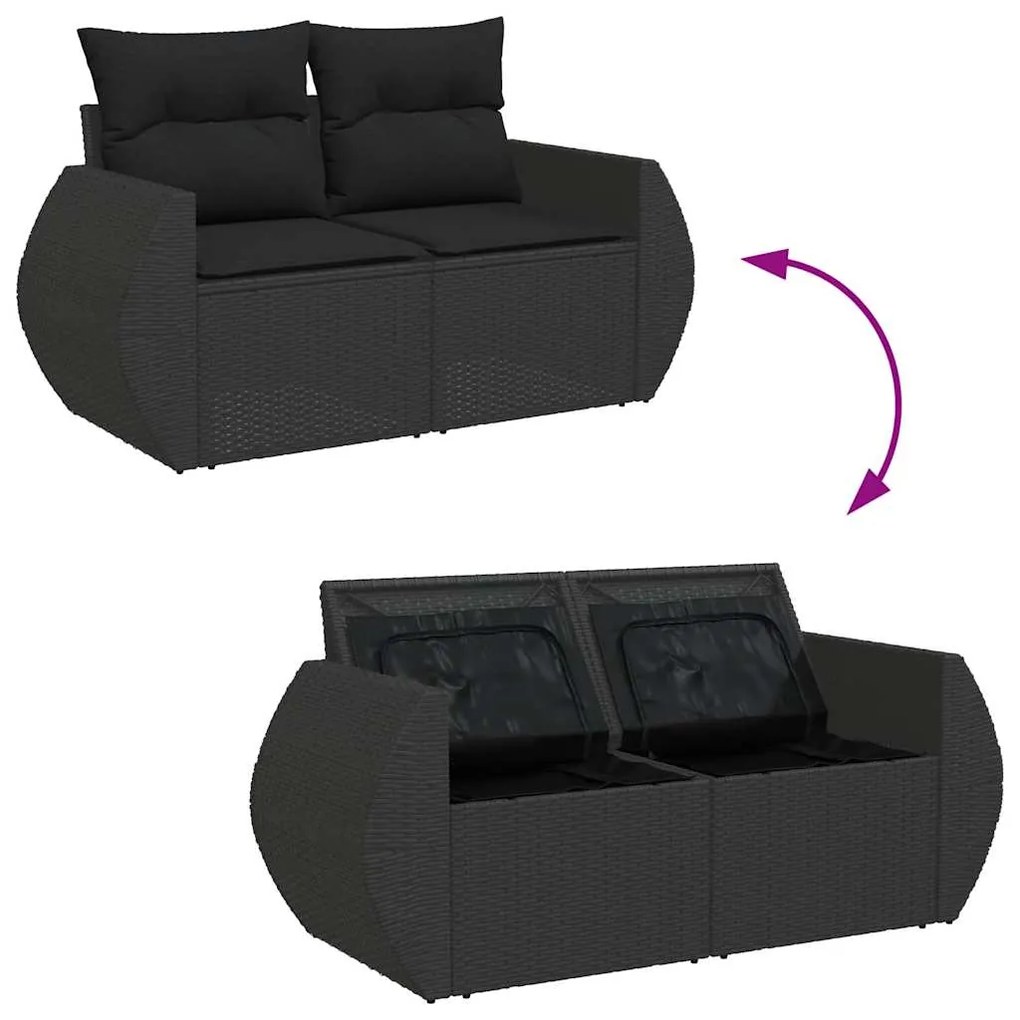 9 pcs conjunto de sofás p/ jardim c/ almofadões vime PE preto