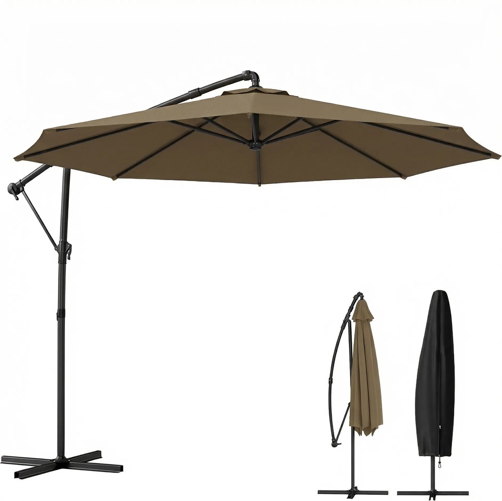 Guarda-sol redondo com haste lateral de 3 m, guarda-sol de jardim inclinável com capa de proteção, poliéster com proteção UV UPF50+, cor cáqui