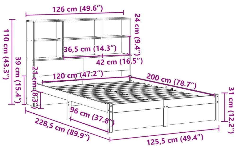 Cama com estante sem colchão 120x200 cm pinho maciço