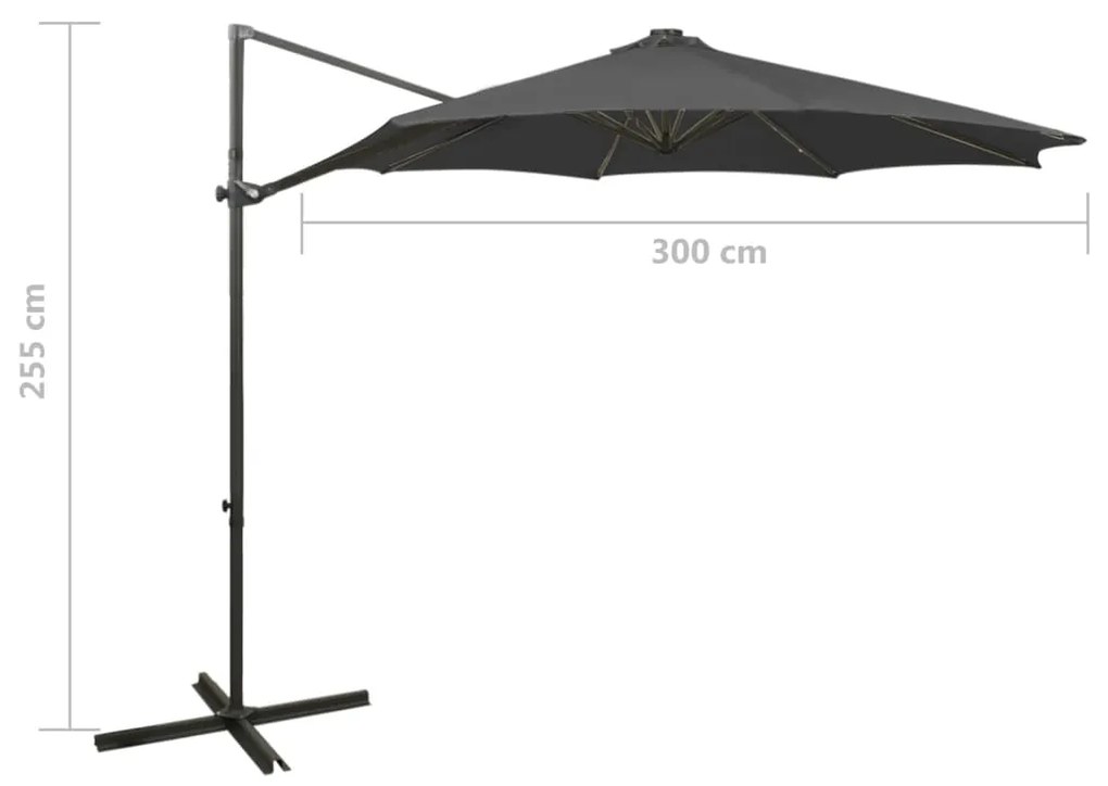 Guarda-sol jardim cantilever c/ poste/luzes LED 300cm antracite