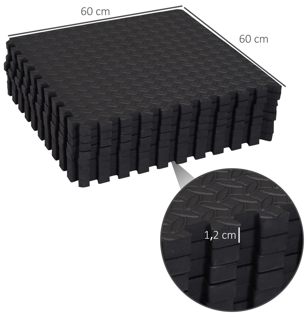 HOMCOM Tapete Puzzle de Ginástica 60x60x1,2cm Tapete Protetor de Chão de Borracha EVA de 2,16m² para Fitness Academia Pilates Preto