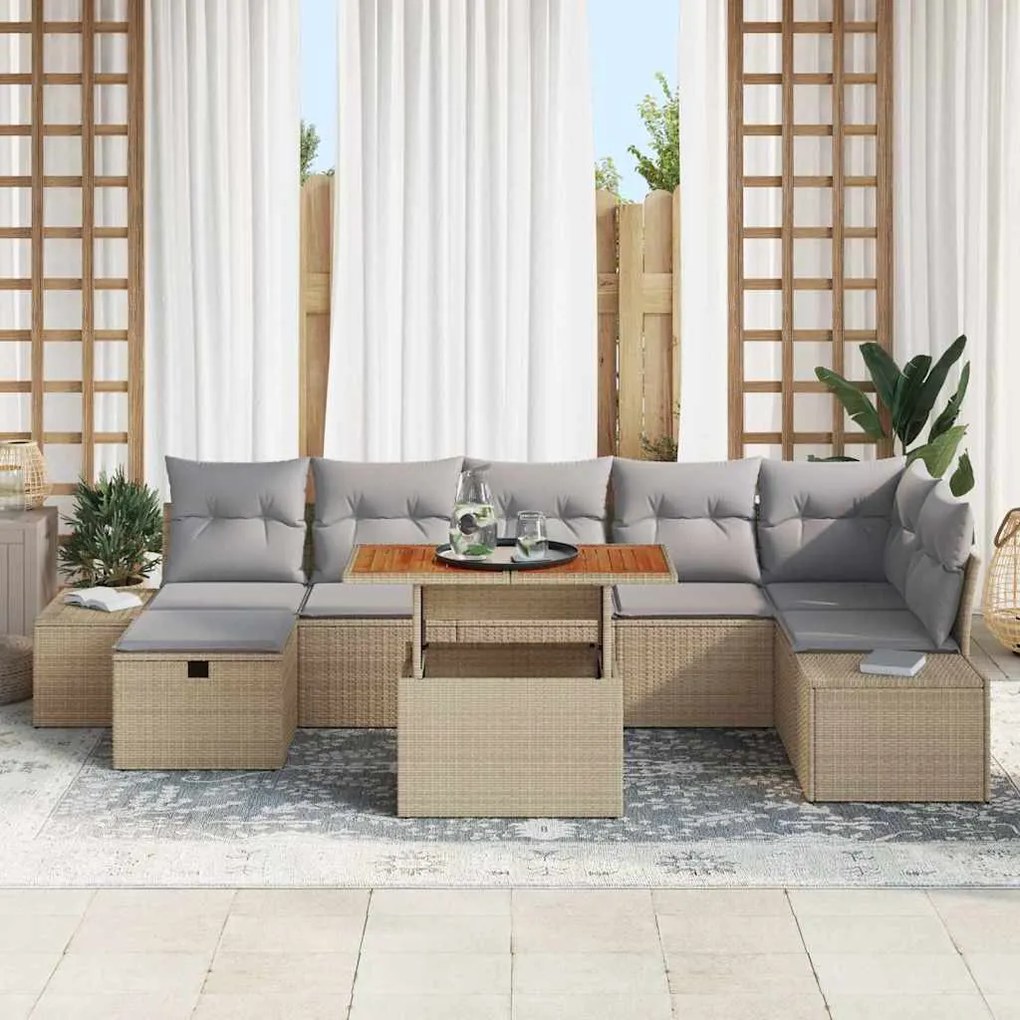 Conjunto de Jantar de Jardim com 8 Peças e Almofadas Bege em Rattan Si
