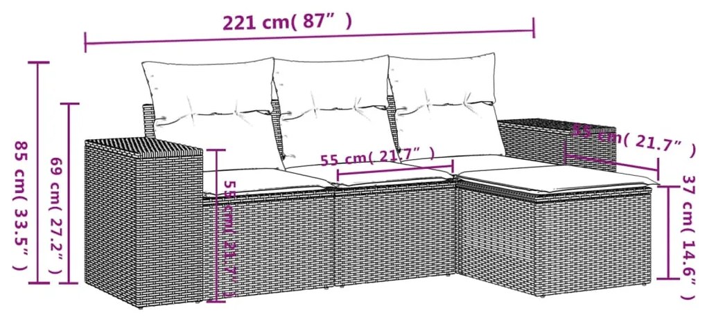 4 pcs conjunto de sofás para jardim c/ almofadões vime PE preto