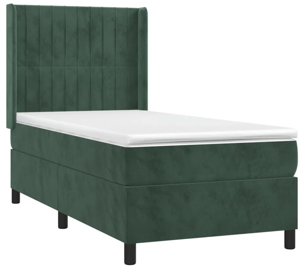 Cama box spring c/ colchão/LED 90x200 cm veludo verde-escuro