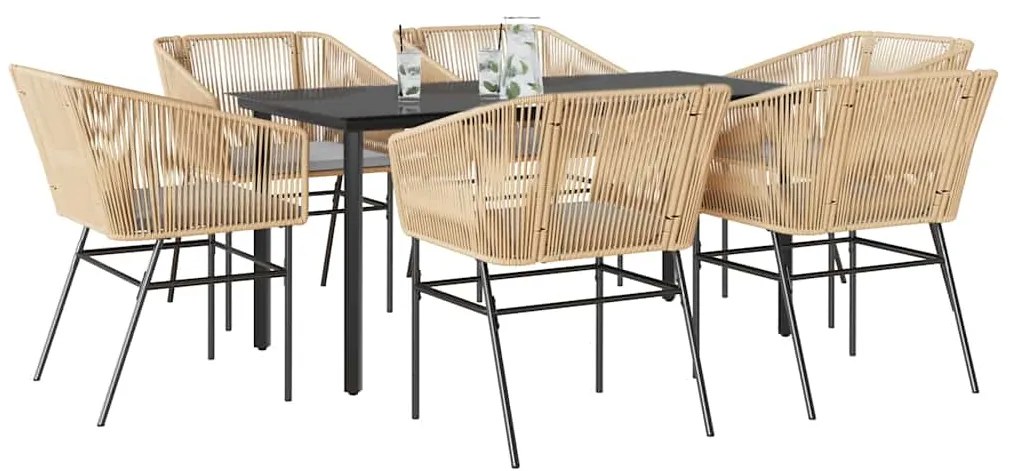Conjunto jantar jardim 7 peças almofadas vidro vime PE castanho
