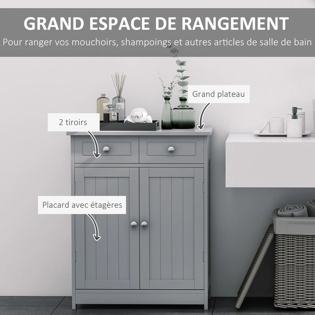 Móvel de casa de banho 60 x 30 x 75 cm com pés com 2 portas e 2 gavetas, cinzento