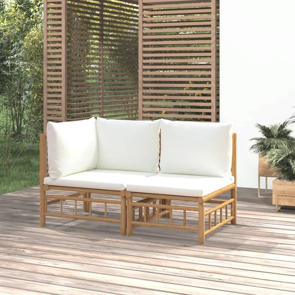 2 pcs conjunto lounge de jardim bambu c/ almofadões branco nata