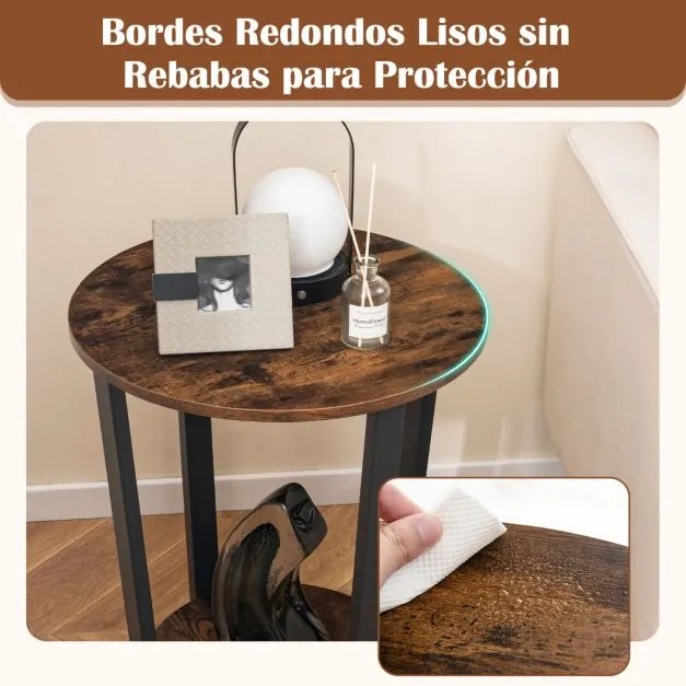 Mesa de apoio redonda de 2 níveis com estrutura metálica Mesa de cabeceira industrial para sala de estar Quarto Castanho rústico