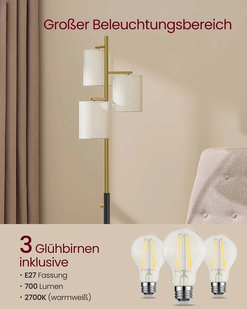 Candeeiro de pé com três lâmpadas e luminosidade ajustável 29 x 29 x 173 cm dourado-preto