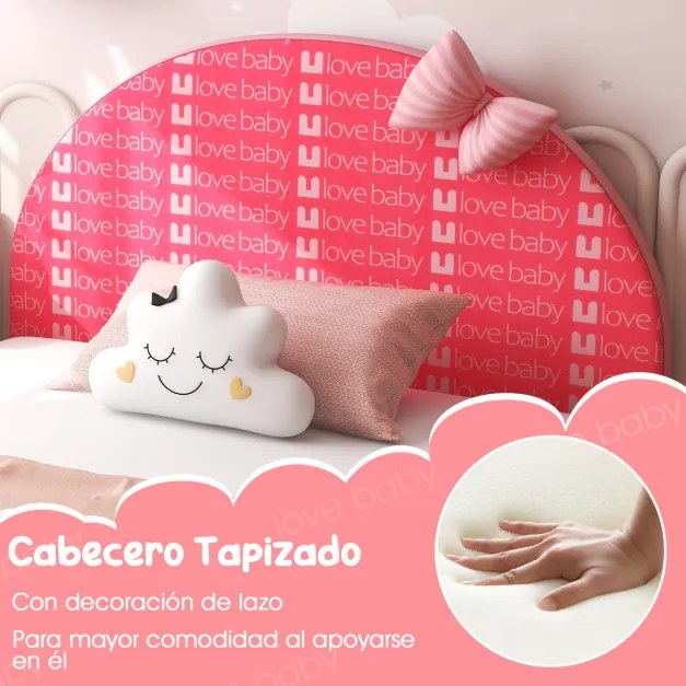 Cama infantil Estrutura de cama infantil com cabeceira e estribo macios para meninas com 6 pés estáveis ajustáveis 152 x 77 x 70 cm rosa