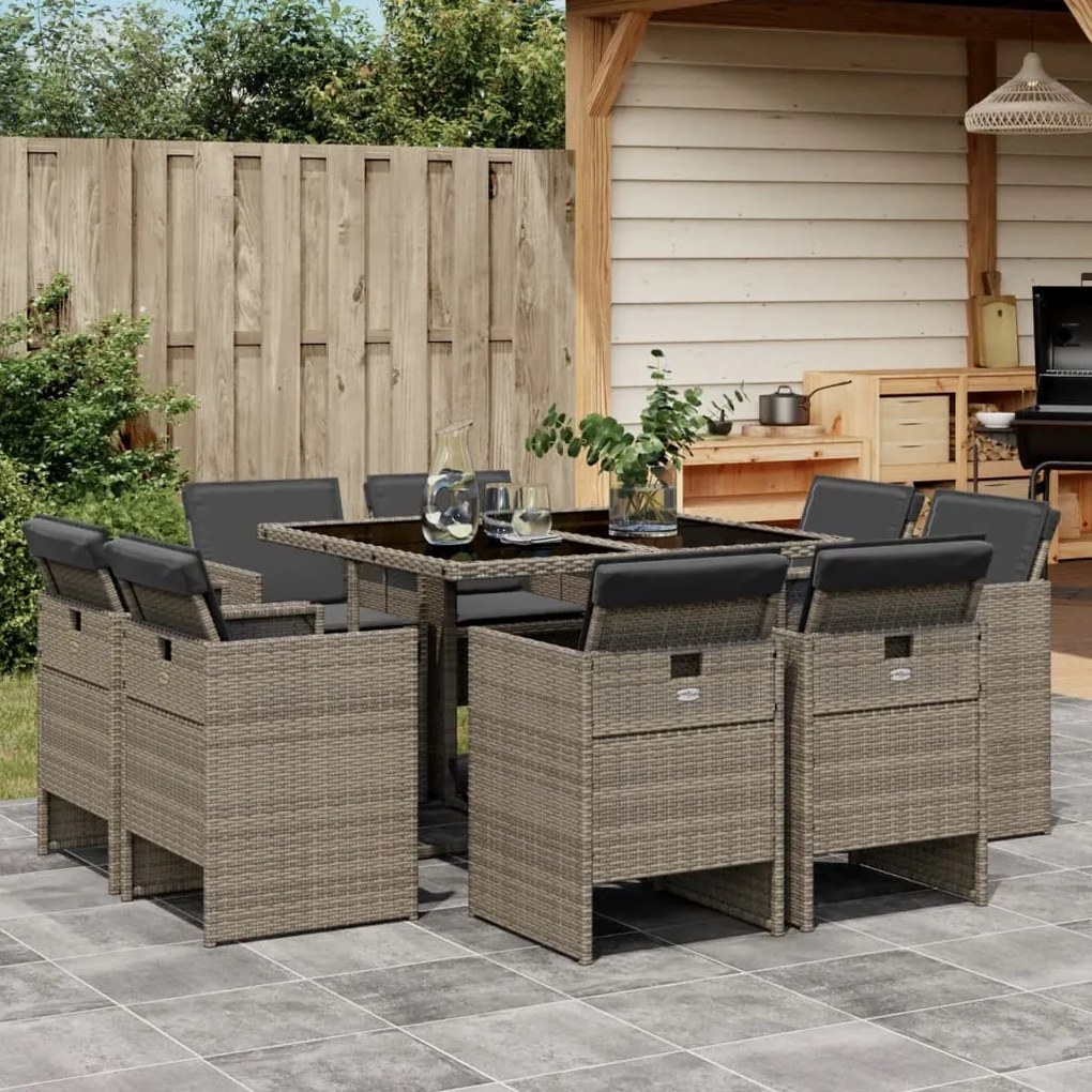 vidaXL 9 pcs conjunto de jantar p/ jardim c/ almofadões vime PE cinza