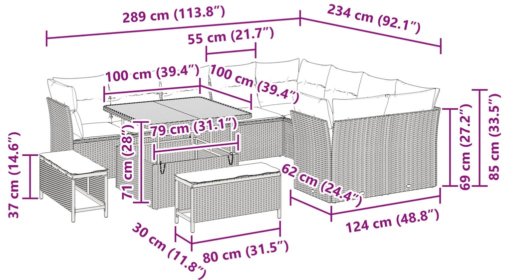 Conjunto de Sofá de Jardim vidaXL 12 Peças com Almofadas Bege Vime Acá