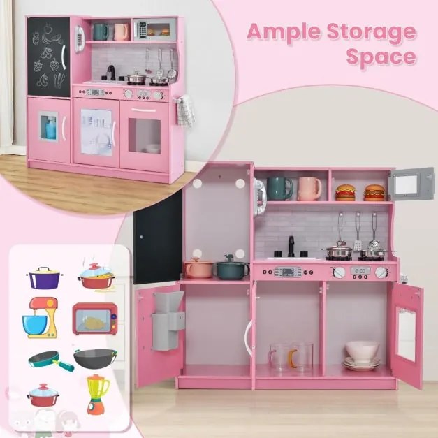 Cozinha de brincar para crianças 82 x 24 x 80 cm com quadro negro, telefone e sons simulados, vários acessórios de madeira, para idades entre 3 e 6 an