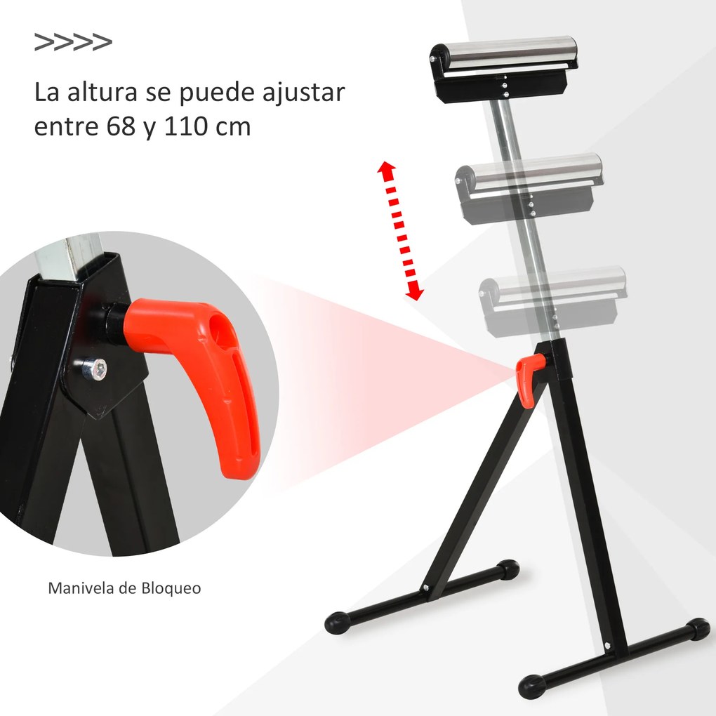 Cavalete Telescópico com Rolo Dobrável e Altura Ajustável entre 68-110cm com Manivela de Bloqueio Carga Máx. 60/90kg Preto e Prata