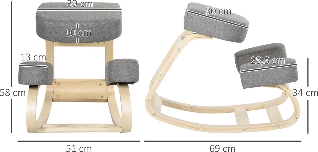 Cadeira Ergonómica para Joelhos com Almofadas e Estrutura em Madeira, Cinzento
