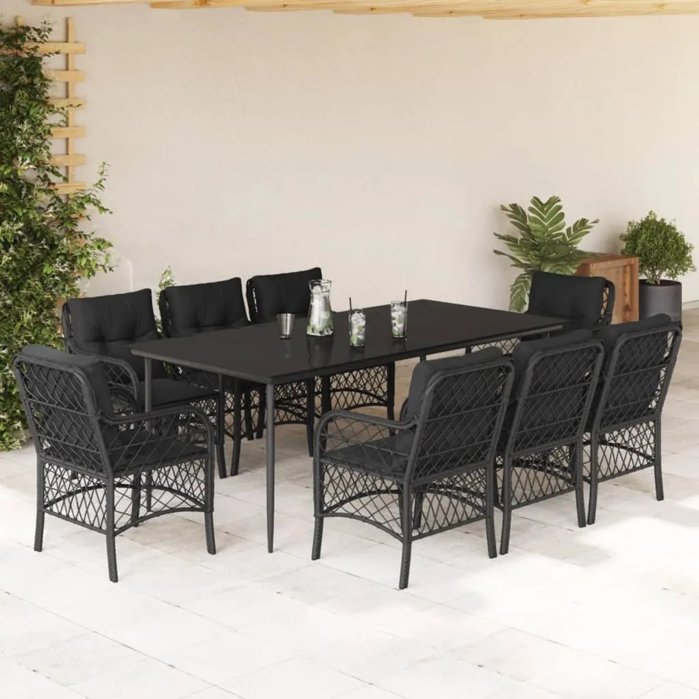 9 pcs conjunto de jantar p/ jardim c/ almofadões vime PE preto