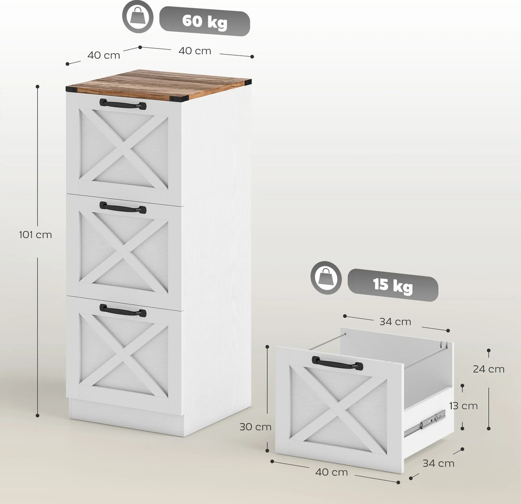 Bloco gavetas escritorio, 40 x 40 x 101 cm, 3 Gavetas para Pastas Suspensas, Branco