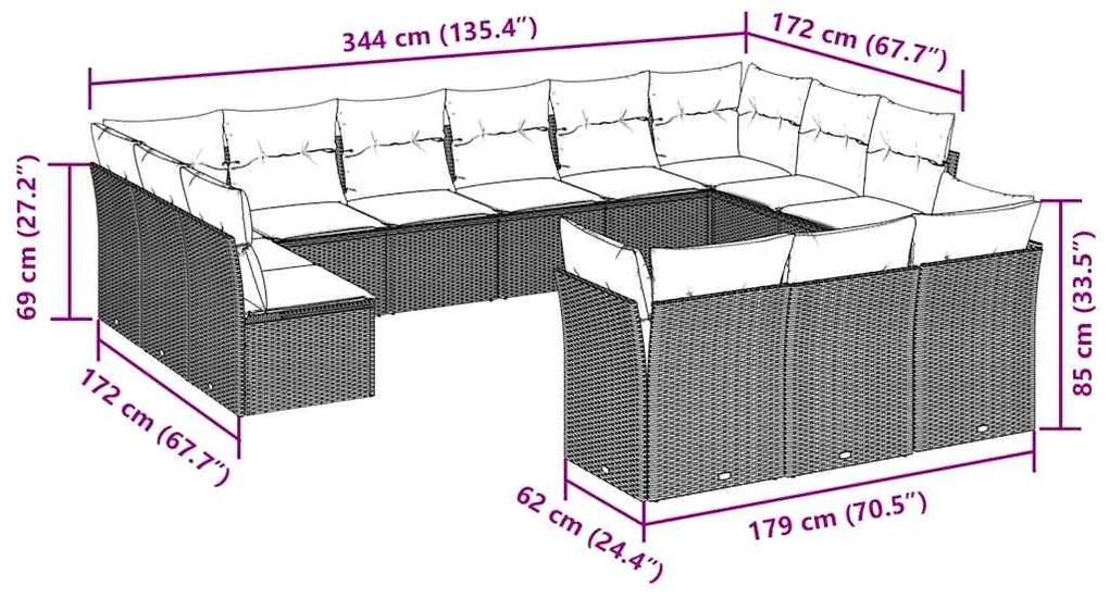 13 pcs conj. sofás jardim c/ almofadões vime PE cinzento-claro