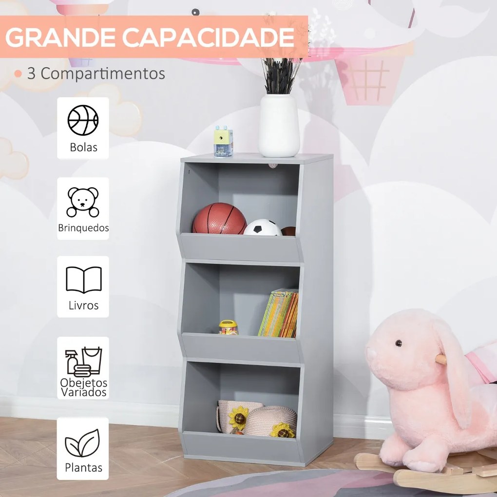 Estante Infantil de Madeira para Crianças com 3 Prateleiras de Armazenamento para Brinquedos Livros 38x34,5x90cm Cinza