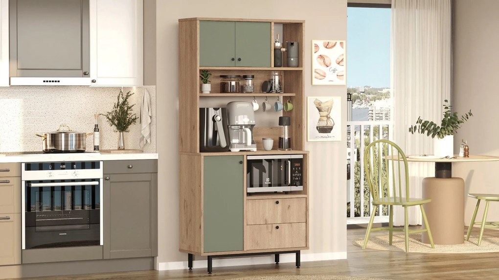 Armário Alto de Cozinha "Toledo" E-1 - Carvalho e Verde - 88x180x35.5c