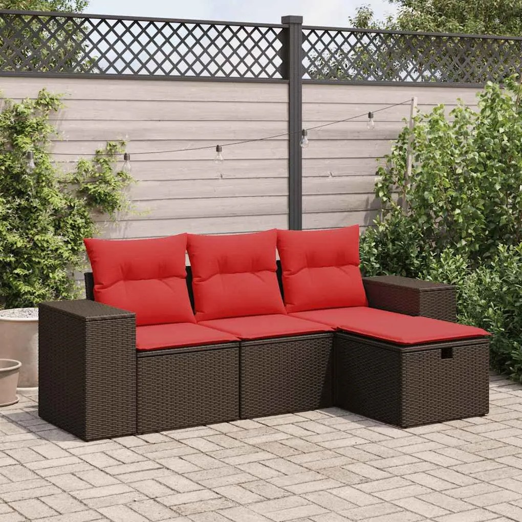 4 pcs conjunto sofás de jardim c/ almofadões vime PE castanho
