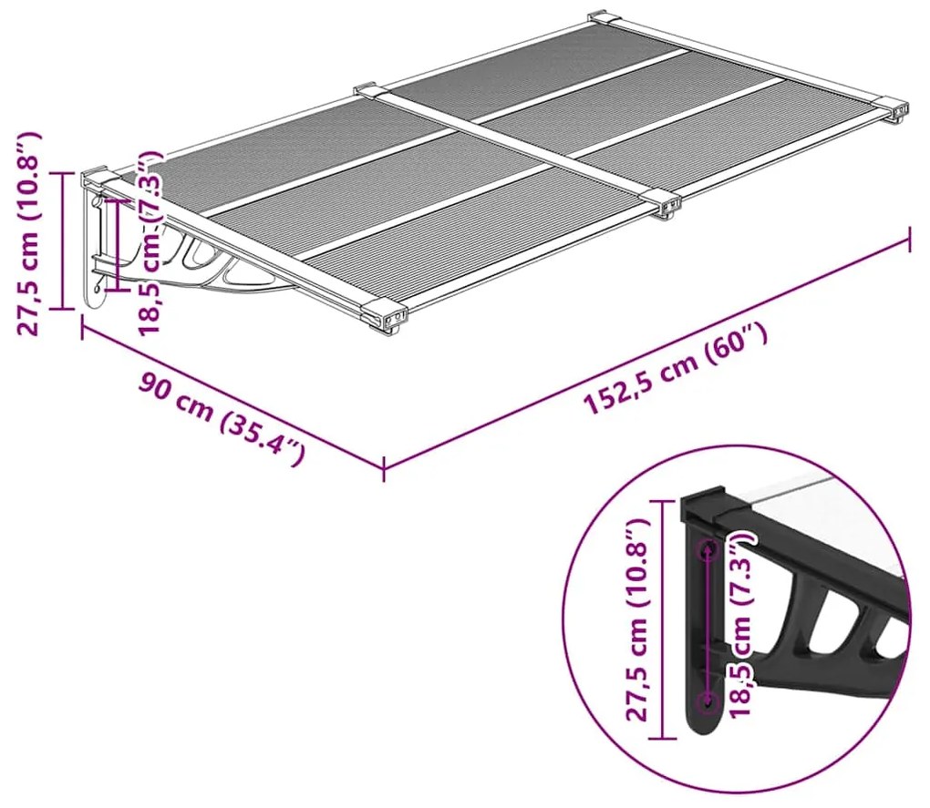 Toldo para porta 152,5x90 cm policarbonato preto/transparente