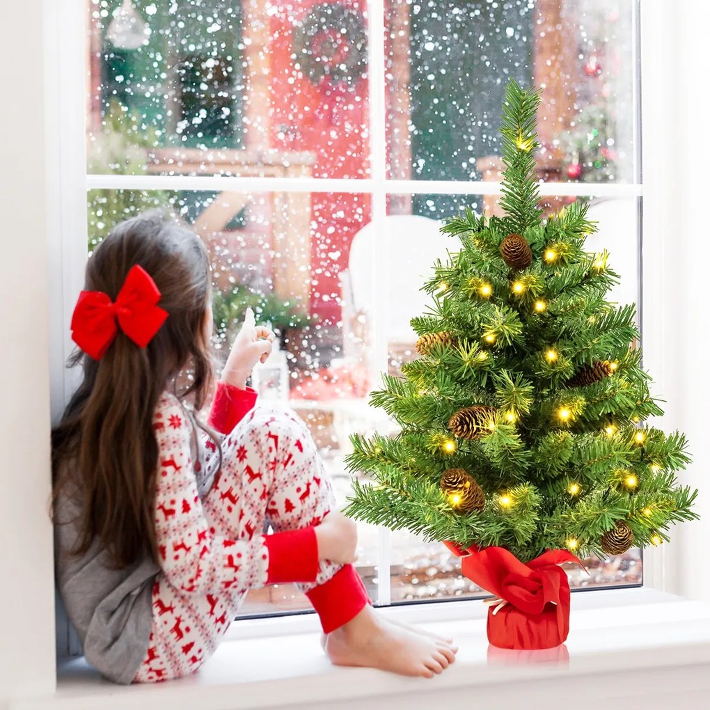 Árvore de Natal 64 cm Pequena Pré-iluminada para Mesa com 50 Luzes LED 8 Modos de Luz Base de Cimento Verde