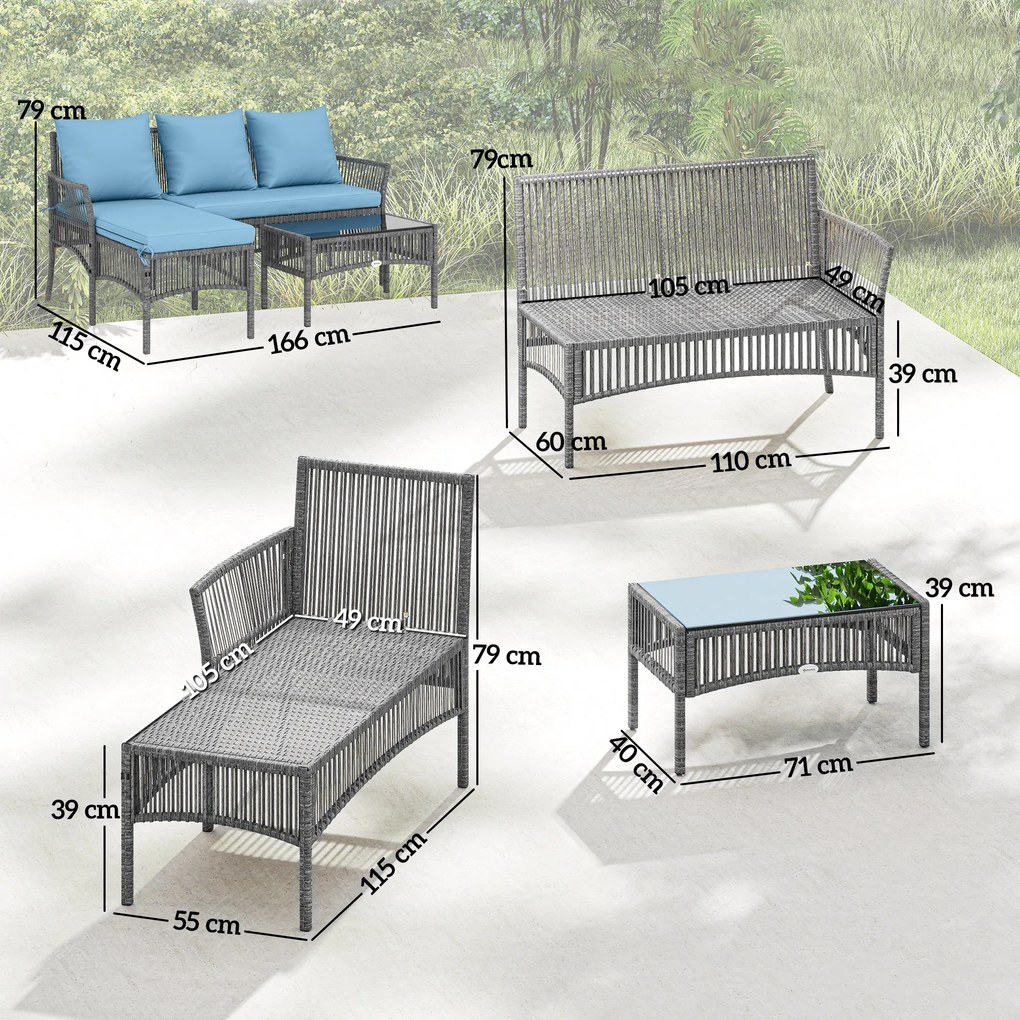 Conjunto de Jardim Exterior de Vime com Sofá de 2 Lugares, Chaise Longue e Mesa de Centro com Vidro Temperado Azul Claro