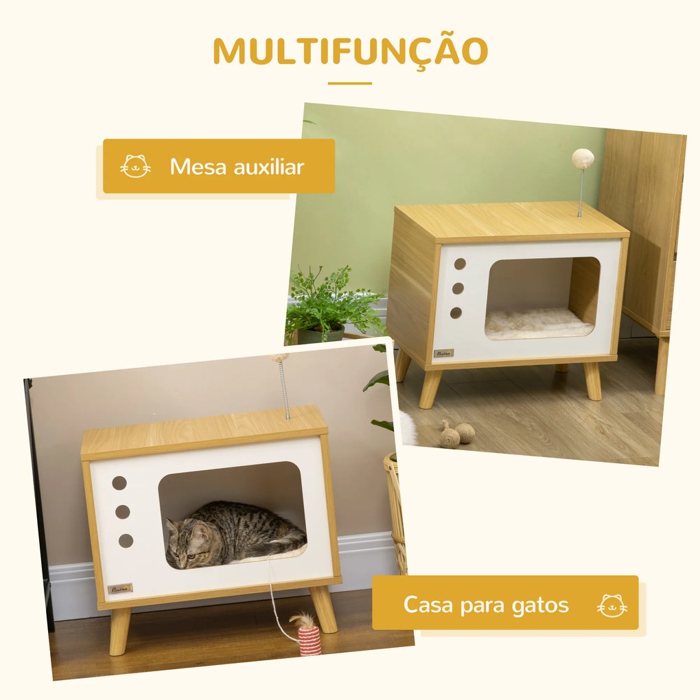 PawHut Mesa Auxiliar Cama Caverna para Gatos com Estilo Televisor Casa para Gatos com Almofada Suave Lavável Bola e Pés Elevados 50x28x43cm Carvalho