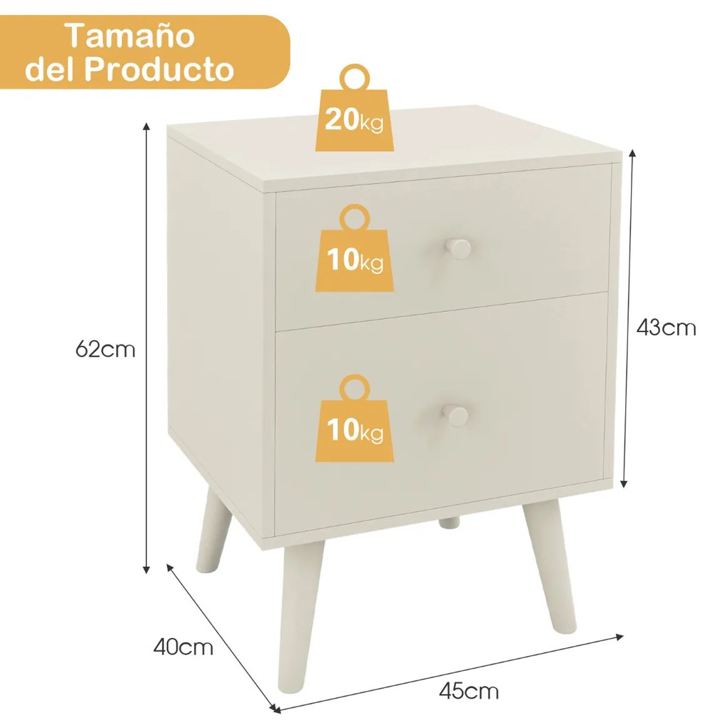 Mesa de cabeceira com 2 gavetas Mesa de apoio para sofá com pernas de madeira Armário organizador de borracha 45 x 40 x 62 cm Bege