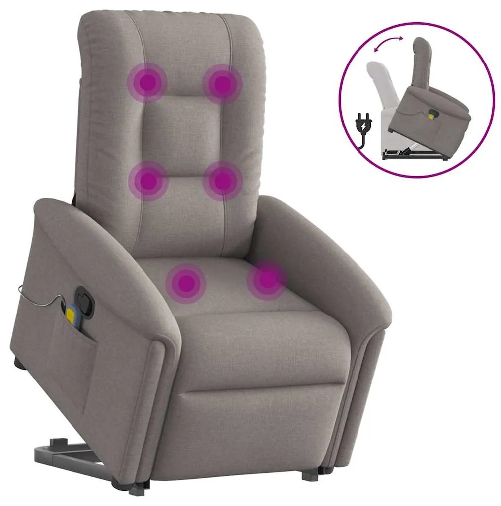 vidaXL Poltrona elevatória de massagens tecido cinzento-acastanhado