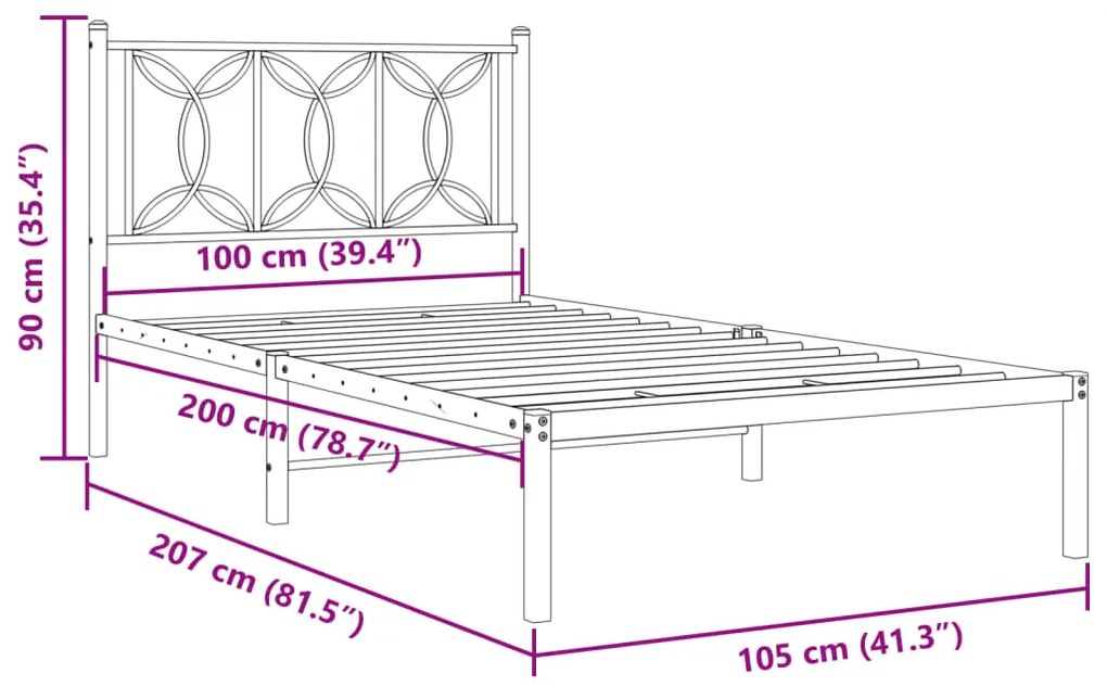 Estrutura de cama com cabeceira 100x200 cm metal preto