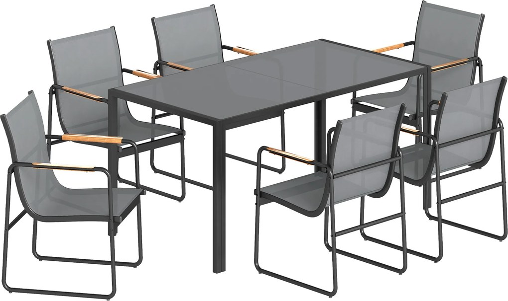 Outsunny Conjunto de Mesa e Cadeiras de Jardim de 7 Peças com Mesa de Vidro Temperado 6 Cadeiras e Estrutura em Aço Cinza | Aosom Portugal