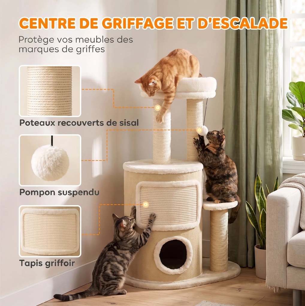 Árvore para Gatos, 55 x 39 x 90 cm, Vários Níveis, Bege