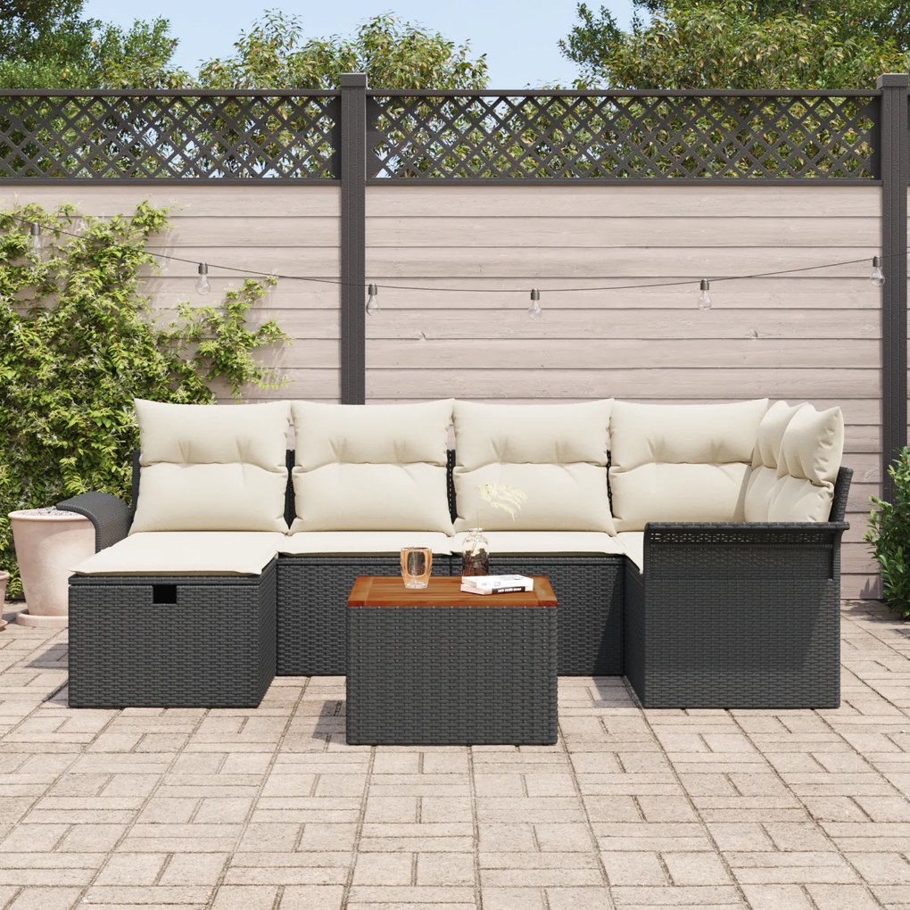 Conjunto de sofá de 7 peças com almofadas em polyrattan preto