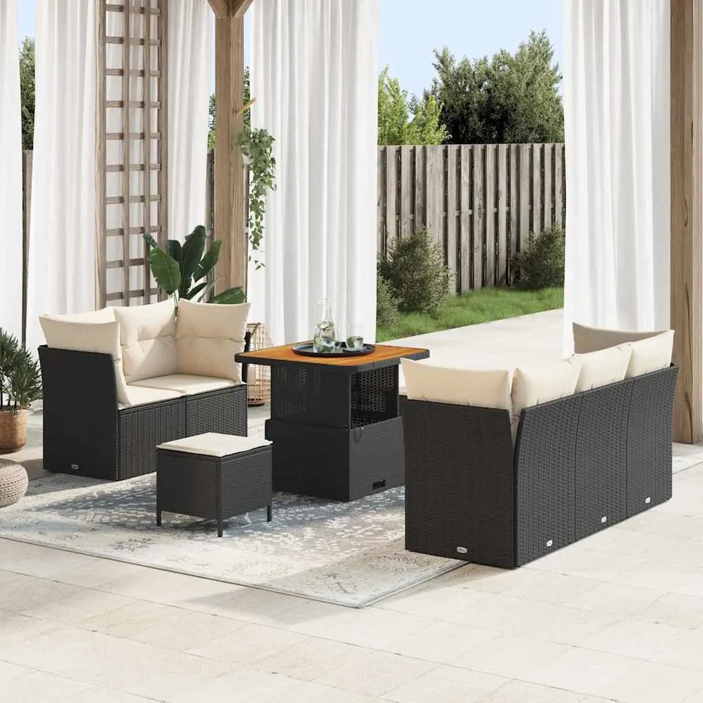 vidaXL Conjunto de Sofás de Jardim de 8 Peças com Almofadas de Rattan Preto e Acácia