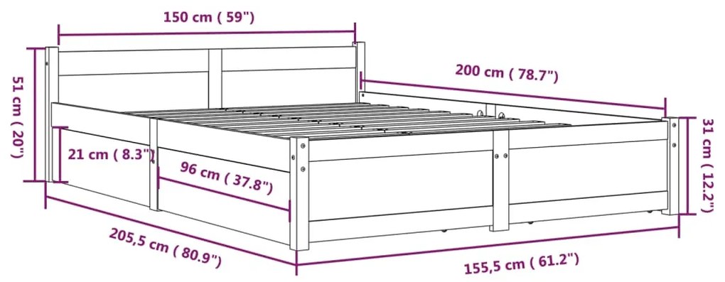 Estrutura de cama com gavetas 150x200 cm tamanho King