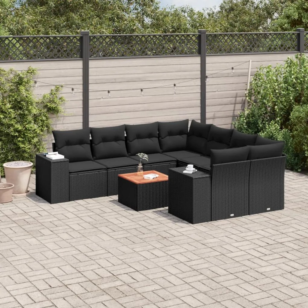 9 pcs conjunto de sofás p/ jardim c/ almofadões vime PE preto
