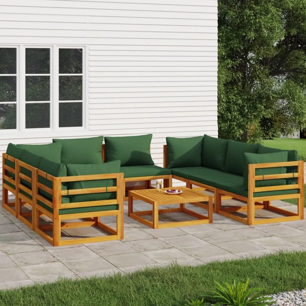 vidaXL 9 pcs conj. lounge jardim madeira c/almofadões verdes