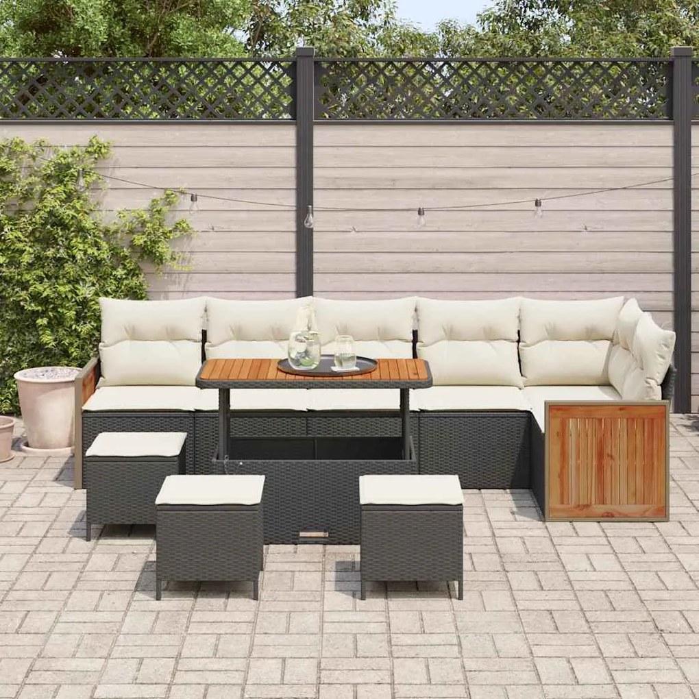 Conjunto de Sofá de Jardim com Almofadas de 10 Peças Preto Rattan Poli