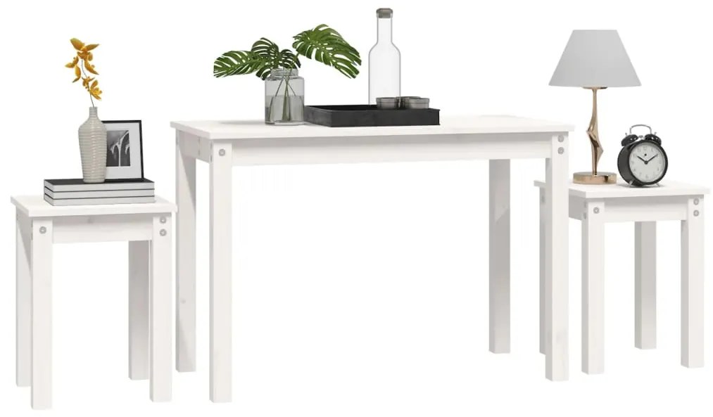 Mesas de encastrar 3 pcs madeira de pinho maciça branco