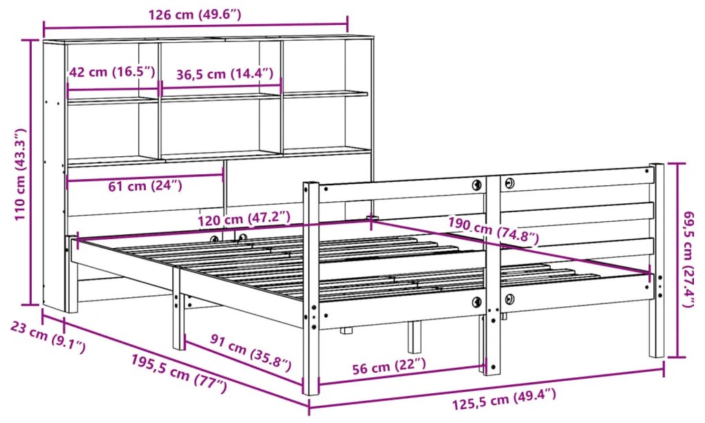 Cama com estante sem colchão 120x190 cm pinho maciço branco