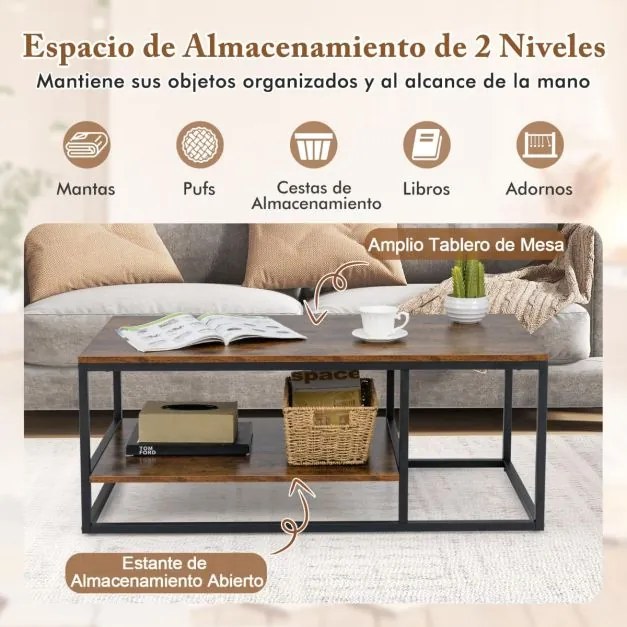 Mesa retangular 105 x 50 x 42,5 cm industrial de 2 níveis com prateleira de armazenamento e estrutura metálica Castanho