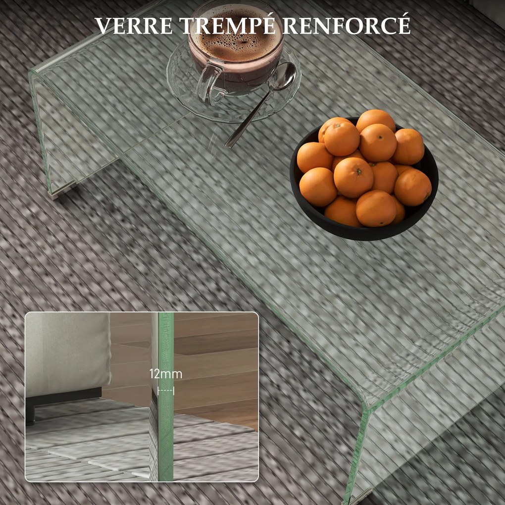 Mesa de centro de vidro 80 x 45 x 35 cm, mesa de sala retangular de design moderno em vidro temperado com bordas arredondadas e seguras, transparente